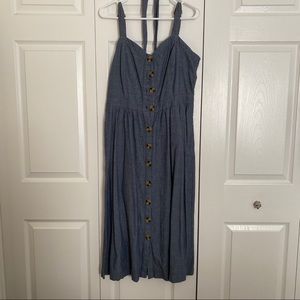 Denim look midi button down dress with pockets!